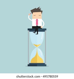 Businessman keeps thinking and sitting on a hourglass, creative thinking. vector