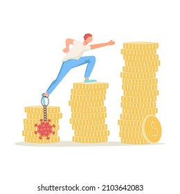 Businessman with a kettlebell on his leg is climbing stairs from stacks of coins. Coronavirus outbreak financial crisis load is pulling down company and business. Flat Art Vector Illustration