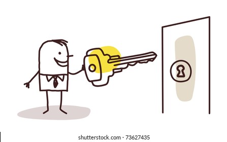 businessman with key and door