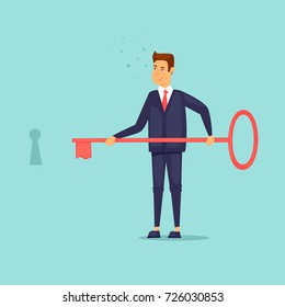 Businessman with key. Flat vector illustration in cartoon style.