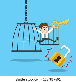 Businessman with key free himself from cage freedom, illustration vector cartoon