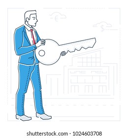 Businessman with a key - line design style isolated illustration on white background. Metaphorical image of a man trying to solve the problem, overcome difficulties, open new horizons, find ideas