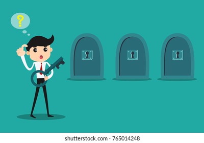 Businessman with key to unlock the door. business decision concept.