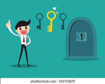 Businessman with key to unlock the door. business decision concept.
