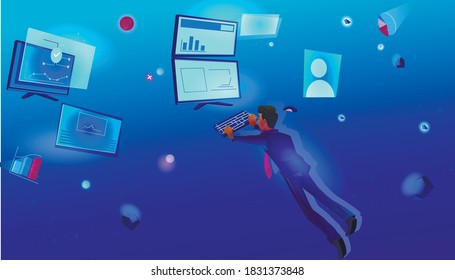 Businessman with keyboard on the background of glowing screens