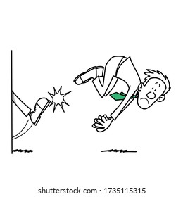businessman kicked fired from the office. Concept for good organization, perfect work flow or software optimization. Hand drawn line art cartoon vector illustration