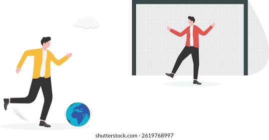 Businessman kicking the ball into the middle of the goal means a successful business.


