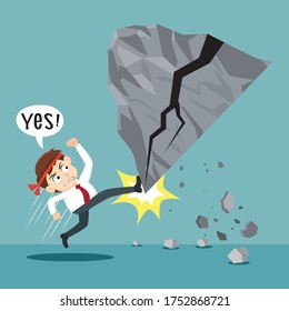 Businessman kicking big giant rock obstacles, illustration vector cartoon