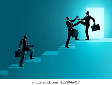 Businessman kicking a colleagues attempting to climb stairs. Symbolizing toxic competition, unethical business practices, office politics, professional rivalry, and workplace sabotage