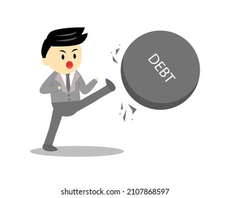 Businessman kicking debt stone with his power cartoon vector