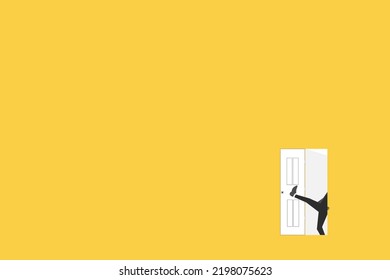 Businessman kicking door to open door on yellow background. Business and management. Way to success. Taking chances.