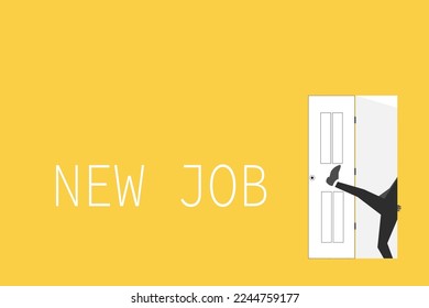 Businessman kicking door to open door on yellow background with new job text. Business and management. Way to success. Taking chances.