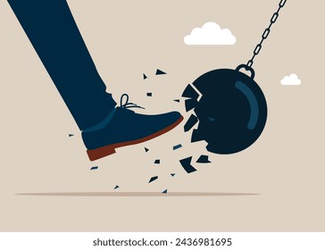 Empresario pateando fuerte el que protege de una colisión con una bola de demolición rota. Medidas de seguridad. Defensa de TI. Seguros y protección. Ilustración vectorial plana