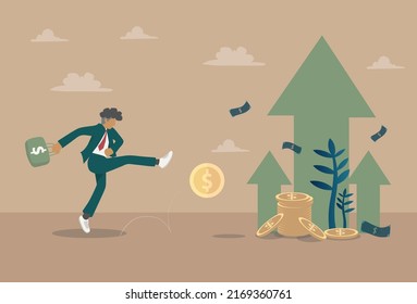 Businessman kicking money coin to investment coin heap with increase arrow and plants. Investment business concept vector.