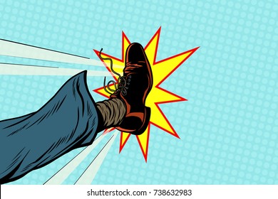 businessman kicking, pop art foot, retro vector illustration