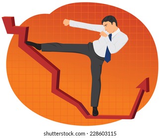 Businessman kicking a red graph arrow