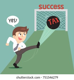 Businessman Kicking Tax Ball Like Football Player, Illustration Vector Cartoon