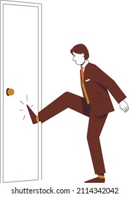 The businessman kicks the closed door. Closed opportunity vector concept.