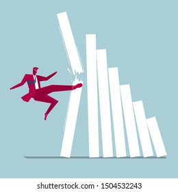 Businessman kicks the statistics. The background is blue.