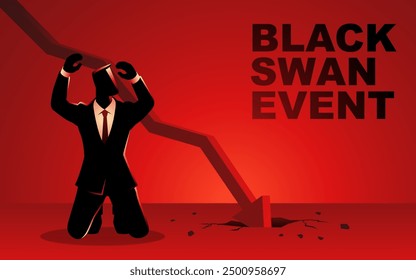 Businessman kneeling with both hands raised, conveying panic and emotional stress with a crashed arrow chart and the text Black Swan Event, unforeseen and catastrophic events in the financial world