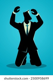 Businessman kneeling with both hands raised, depicting panic, fear, and regret. Ideal for illustrating themes of failure, economic downturns, or intense emotional stress