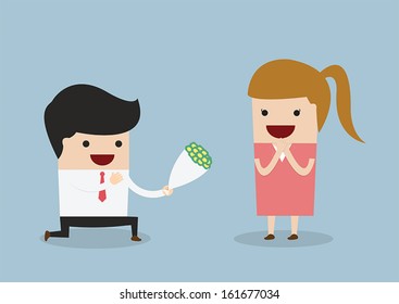 Businessman kneeling down giving flower to woman, VECTOR, EPS10