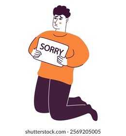 Businessman kneeling.Man kneeling.Holds a card sorry.Guy holding up a paper sorry.I am sorry. A sad young man apologizes.Male pleading apology.