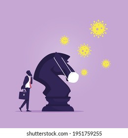 Businessman with knight chess to fight with Coronavirus pathogen, Solution or idea to pass Coronavirus COVID-19 pandemic