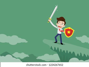 Businessman knight warrior holds up a sword and holds a shield on the top of mountain, Cartoon vector illustration