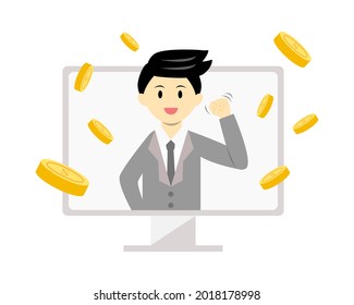 Businessman knocking computer's screen let the coins flowing to outside.