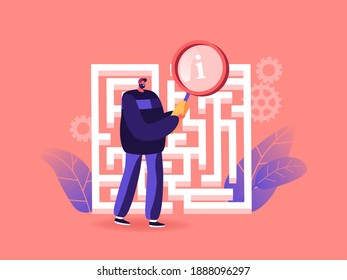 Businessman in Labyrinth or Maze with Magnifier. Character Finding Solution, Business Strategy, Opportunity. Man Search Idea, Insight, Challenge, Complicated Task Concept. Cartoon Vector Illustration