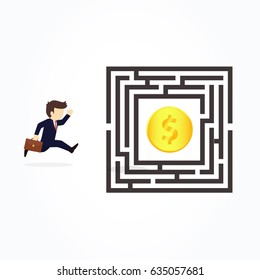 Businessman in labyrinth search for trophy. Vector illustration.