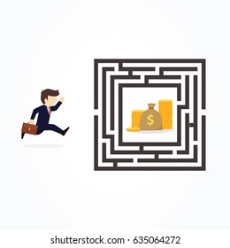 Businessman in labyrinth search for trophy. Vector illustration.