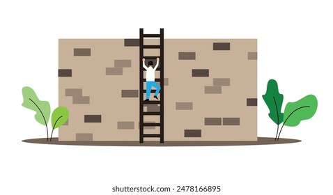 Businessman with Ladder Trying to Get Across the Wall. Determination hard work and motivation concept vector