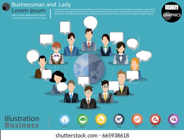 Businessman and  Lady 12 person -  modern Idea and Concept Vector illustration Business Infographic template with Speech bubble,Earth,arrow,Circle, icon.