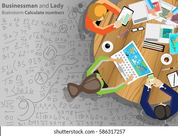 Businessman and Lady Brainstorm Calculate numbers modern design Idea and Concept Vector illustration  with Icon,Papers, coffee cups, laptop, mobile, tablet,people.