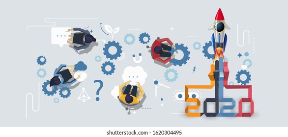 Businessman and Lady Brainstorm  for Startup Success with  Logo 2020 text   - Paper fold Colorful  - Idea and Concept Vector illustration.