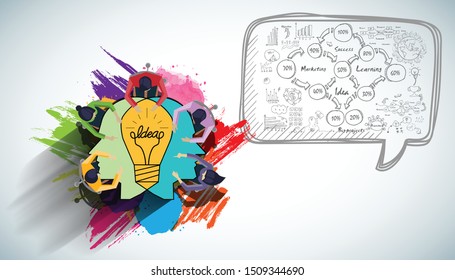 Businessman and Lady Brainstorm  for Success with Human head Light bulb two heads ,business plan  data  - Creativity modern Idea and Concept illustration.