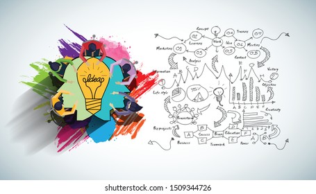 Businessman and Lady Brainstorm  for Success with Human head Light bulb two heads ,business plan  data  - Creativity modern Idea and Concept illustration.