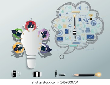 Businessman and Lady  Brainstorm for Success with lamp -  Sketch  plan Business  icon various  - Creativity modern Idea and Concept illustration.