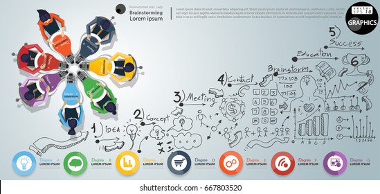 Empresário e Lady Brainstorm Brainstorm Sucesso, Ideia moderna e conceito Vector ilustração modelo Infográfico com padrão alinhado, gráfico, seta, ícone, lâmpadas 7 cor.