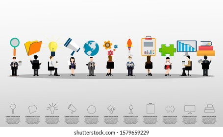 Businessman and  lady   Brainstorming with icon  - organization employee banner poster concept. Vector flat graphic design illustration.
