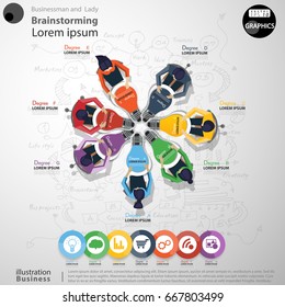 Businessman and  Lady  Brainstorming with Light bulbs 7 color ,icon -  modern Idea and Concept Vector illustration Business Infographic template.