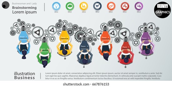 Businessman and  Lady  Brainstorming with Light bulbs 7color,Cog,icon -  modern Idea and Concept Vector illustration Business Infographic template.