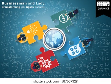 Businessman and Lady Brainstorming  per Jigsaw Pictures, modern design Idea and Concept Vector illustration with Background Calculate Numbers, Earth,icon.