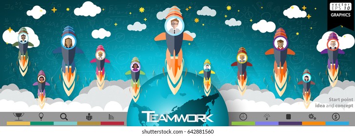 Businessman and Lady - Drive Rocket - Earth - modern design Idea and Concept Vector illustration  with Background Calculate numbers, Lined pattern,text Start point idea and concept.