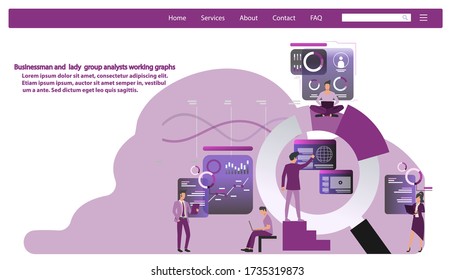  businessman and  lady  group analysts working graphs Illustration creative process modern design idea  concept infographic template vector.