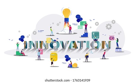 Businessman and Lady  group Brainstorm working for Startup success with Building modern  with text  INNOVATION Creativity modern Idea and Concept illustration.