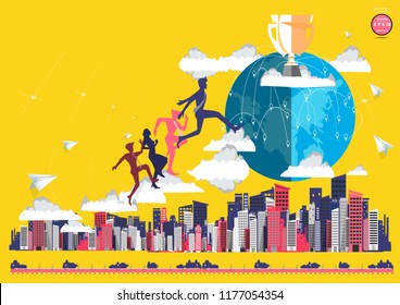 Businessman and Lady - Run Into the finish line  For success - Cloud, Paper  rocket fold,Earth, Building in the city,trophy.