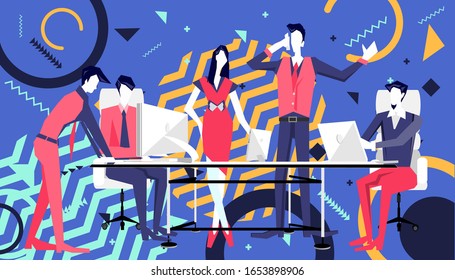 Businessman and  Lady Social network.brainstorming talking to each other. Teamwork and team building flat vector illustration. Coworkers assembling.background geometric shapes.